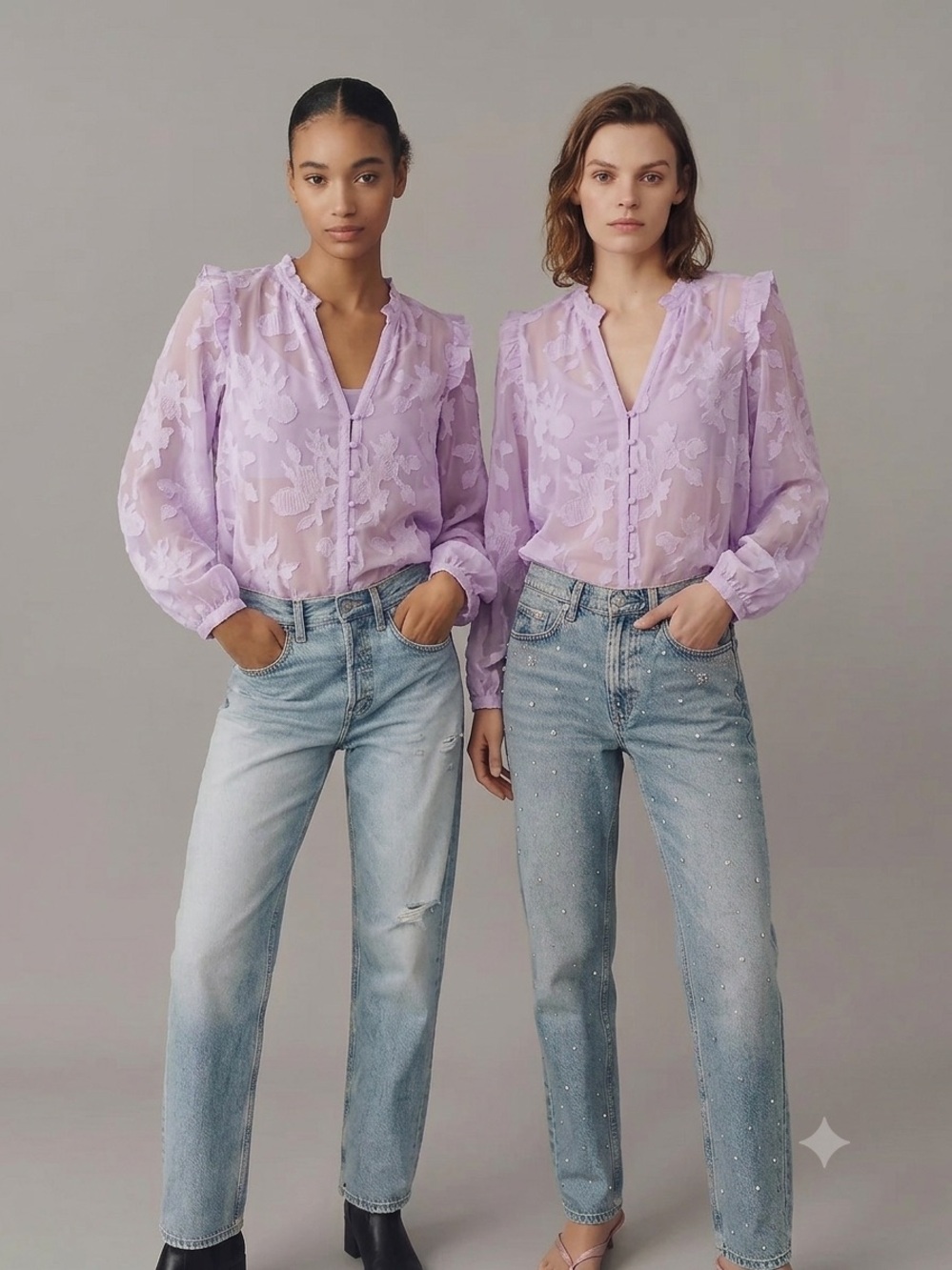 Sheer Lavender Floral Button-Front Blouse